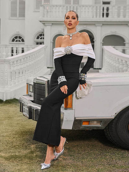 Uvandra Off Shoulder Crystal Bandage Maxi Dress