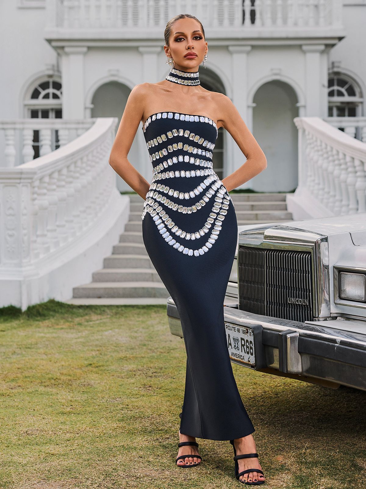 Vaelith Strapless Crystal Bandage Maxi Dress With Choker
