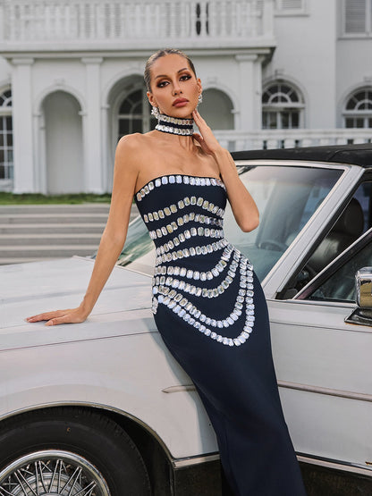 Vaelith Strapless Crystal Bandage Maxi Dress With Choker