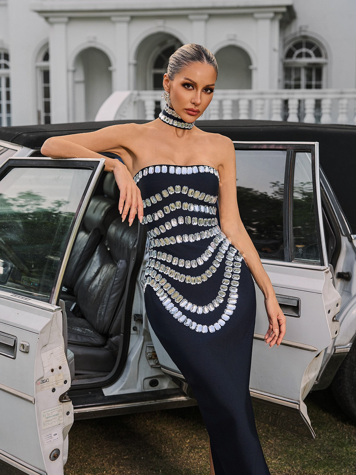 Vaelith Strapless Crystal Bandage Maxi Dress With Choker