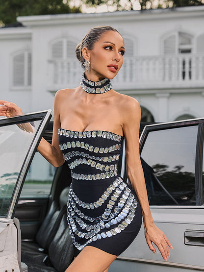 Vaelith Strapless Crystal Bandage Mini Dress With Choker
