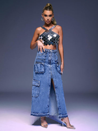 Valencia Pocket Split Denim Skirt In Blue