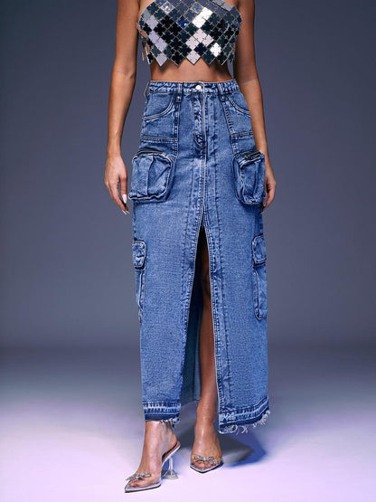 Valencia Pocket Split Denim Skirt In Blue
