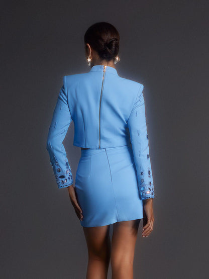 Vallea Long Sleeve Rhinestone Skirt Set In Blue