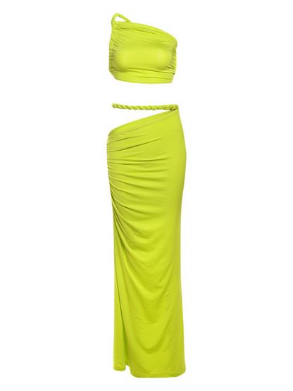 Valphyx Backless Cutout Ruched Skirt Set In Lime Yellow