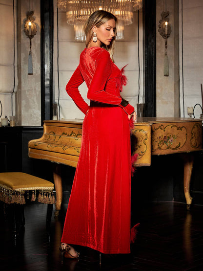 Veena Crystal Feather Trimmed Split Maxi Dress