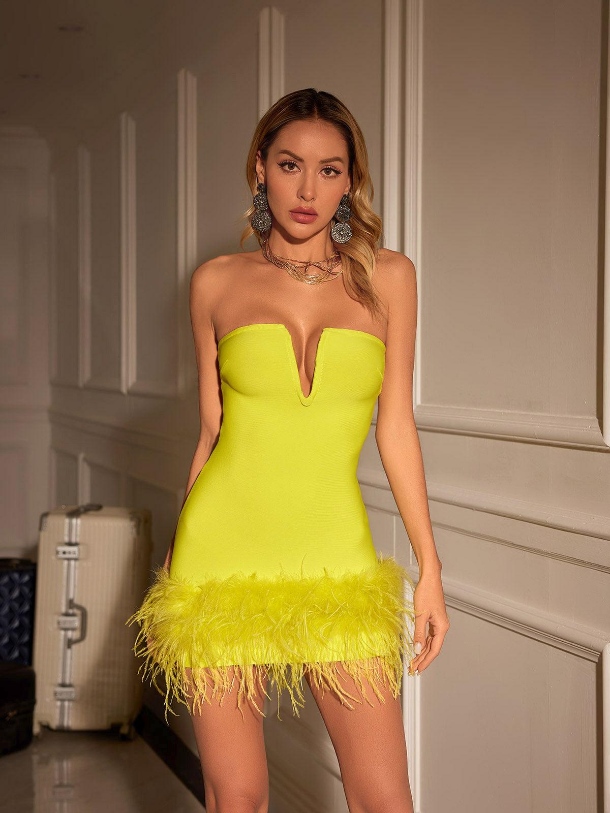 Veer Strapless Feather Bandage Dress In Yellow