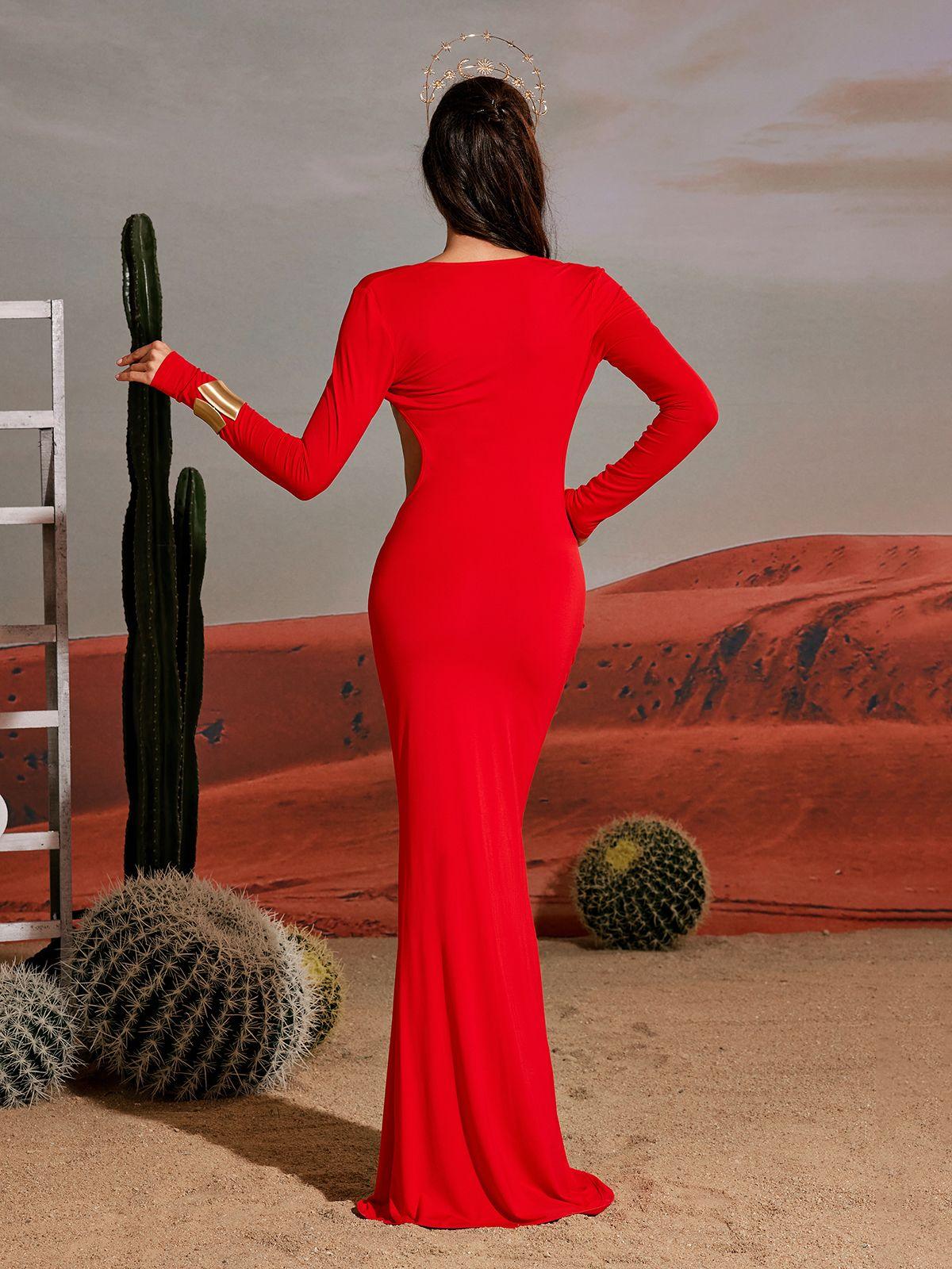 Vernon Long Sleeve Cutout Maxi Dress In Red