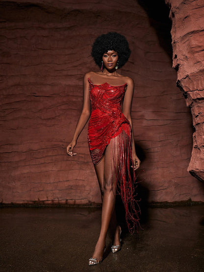 Verona Embellished Diamond Chain Dress In Red