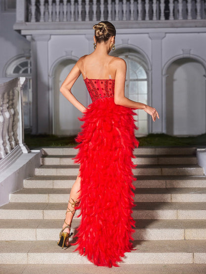 Vieby Strapless Rhinestone Feather Maxi Dress In Red