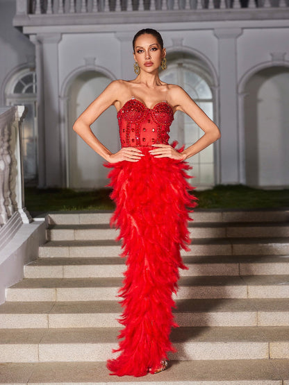 Vieby Strapless Rhinestone Feather Maxi Dress In Red