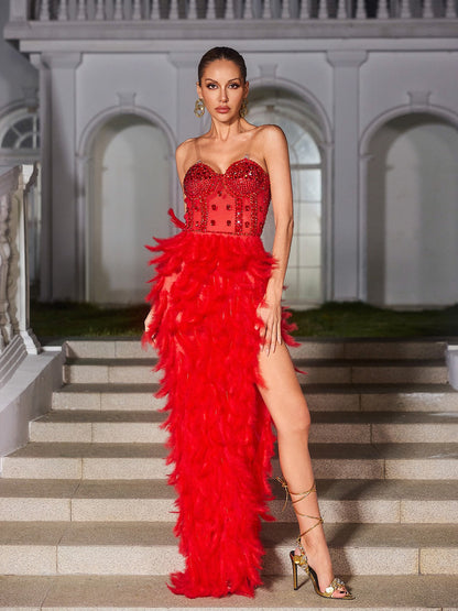 Vieby Strapless Rhinestone Feather Maxi Dress In Red