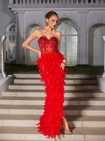 Vieby Strapless Rhinestone Feather Maxi Dress In Red