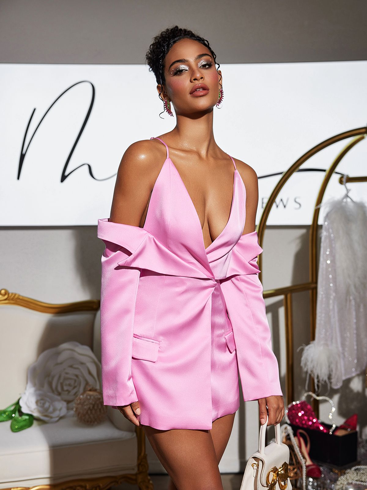 Vila Plunge Draped Satin Blazer