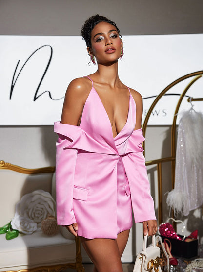 Vila Plunge Draped Satin Blazer