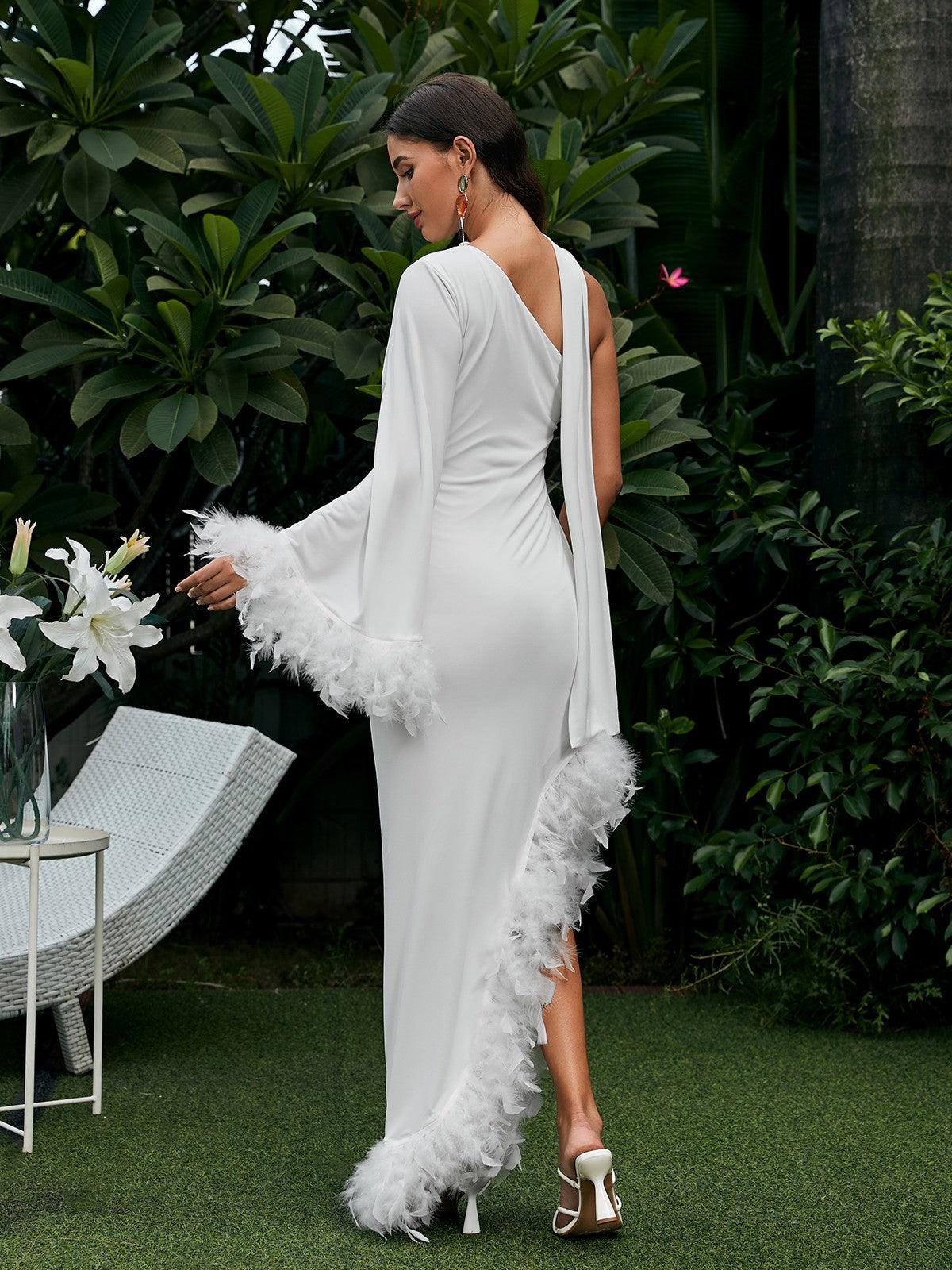 Vulcan One Shoulder Feather Kaftan Dress