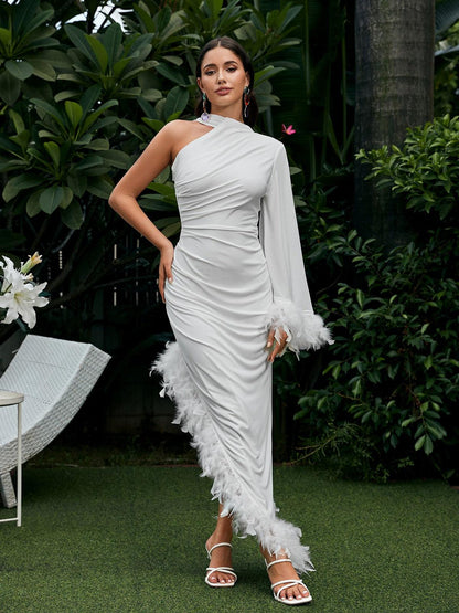 Vulcan One Shoulder Feather Kaftan Dress