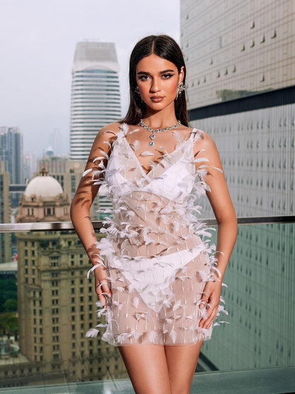 Whelan Spaghetti Feather Mesh Mini Dress