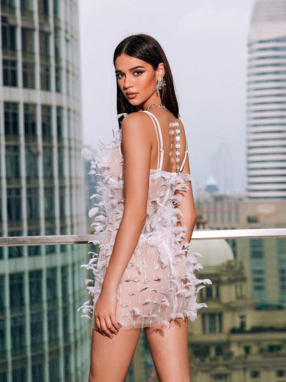 Whelan Spaghetti Feather Mesh Mini Dress