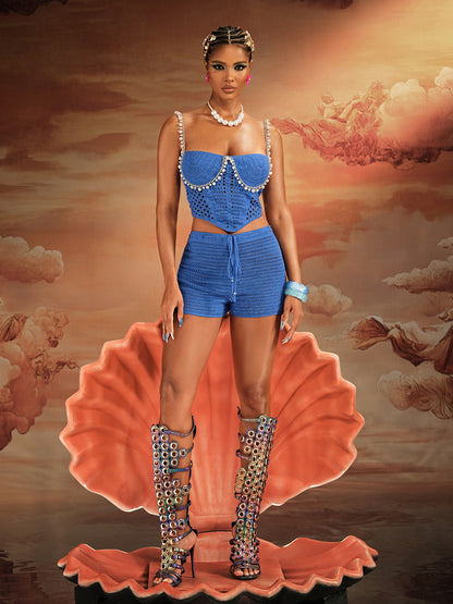 Wiebke Spaghetti Pearl Knit Shorts Set In Blue