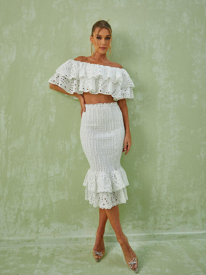 Wisteria Ruffle Off Shoulder Hollow Set In White