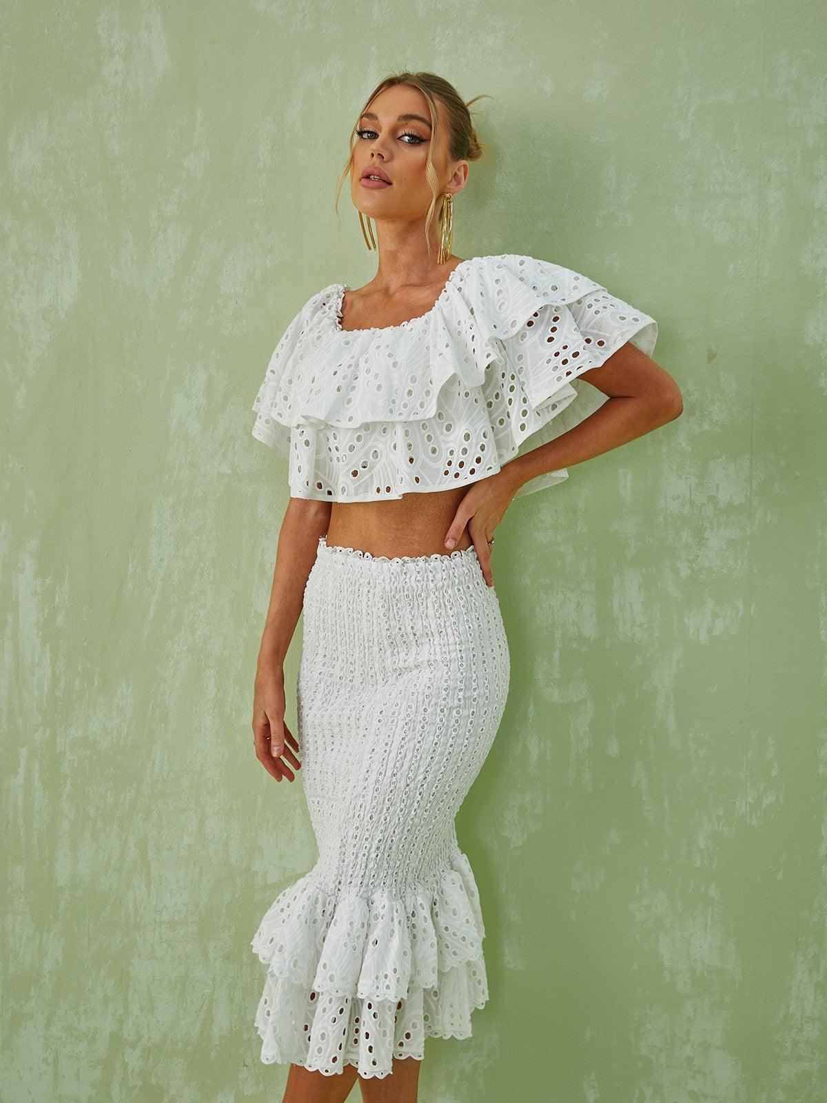 Wisteria Ruffle Off Shoulder Hollow Set In White