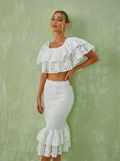 Wisteria Ruffle Off Shoulder Hollow Set In White