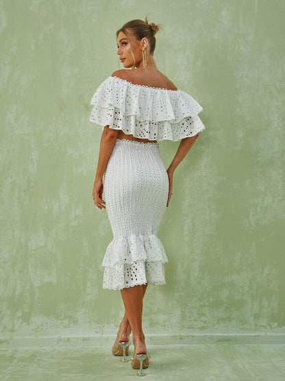 Wisteria Ruffle Off Shoulder Hollow Set In White