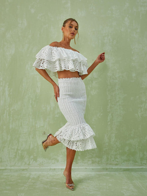 Wisteria Ruffle Off Shoulder Hollow Set In White