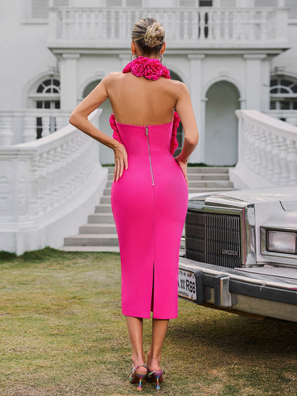 Wryssa Halterneck Flower Bandage Midi Dress