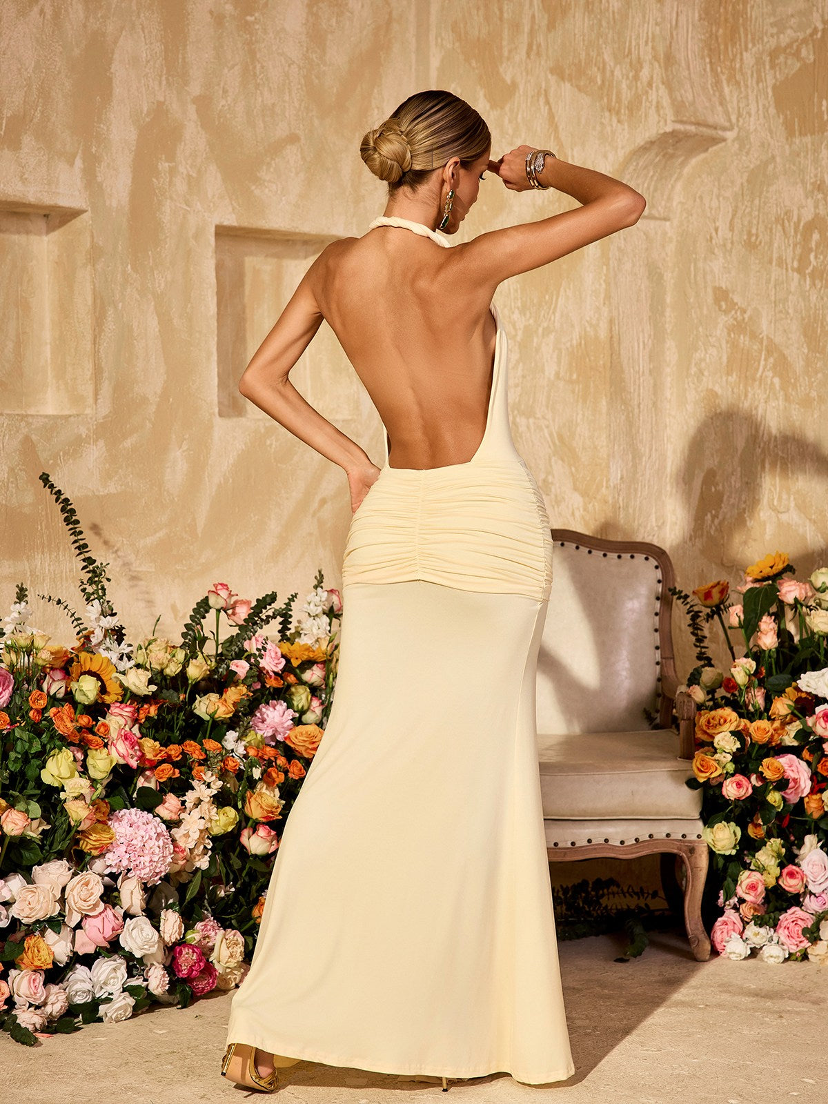 Wyxara Plunge Neck Ruched Split Maxi Dress