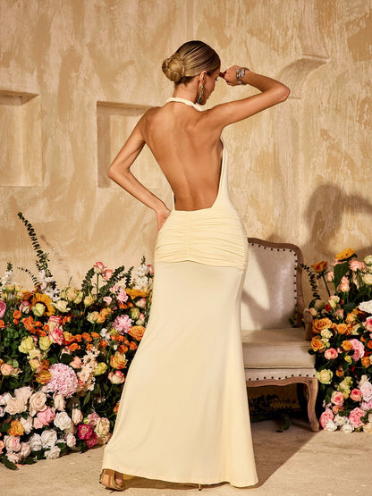 Wyxara Plunge Neck Ruched Split Maxi Dress