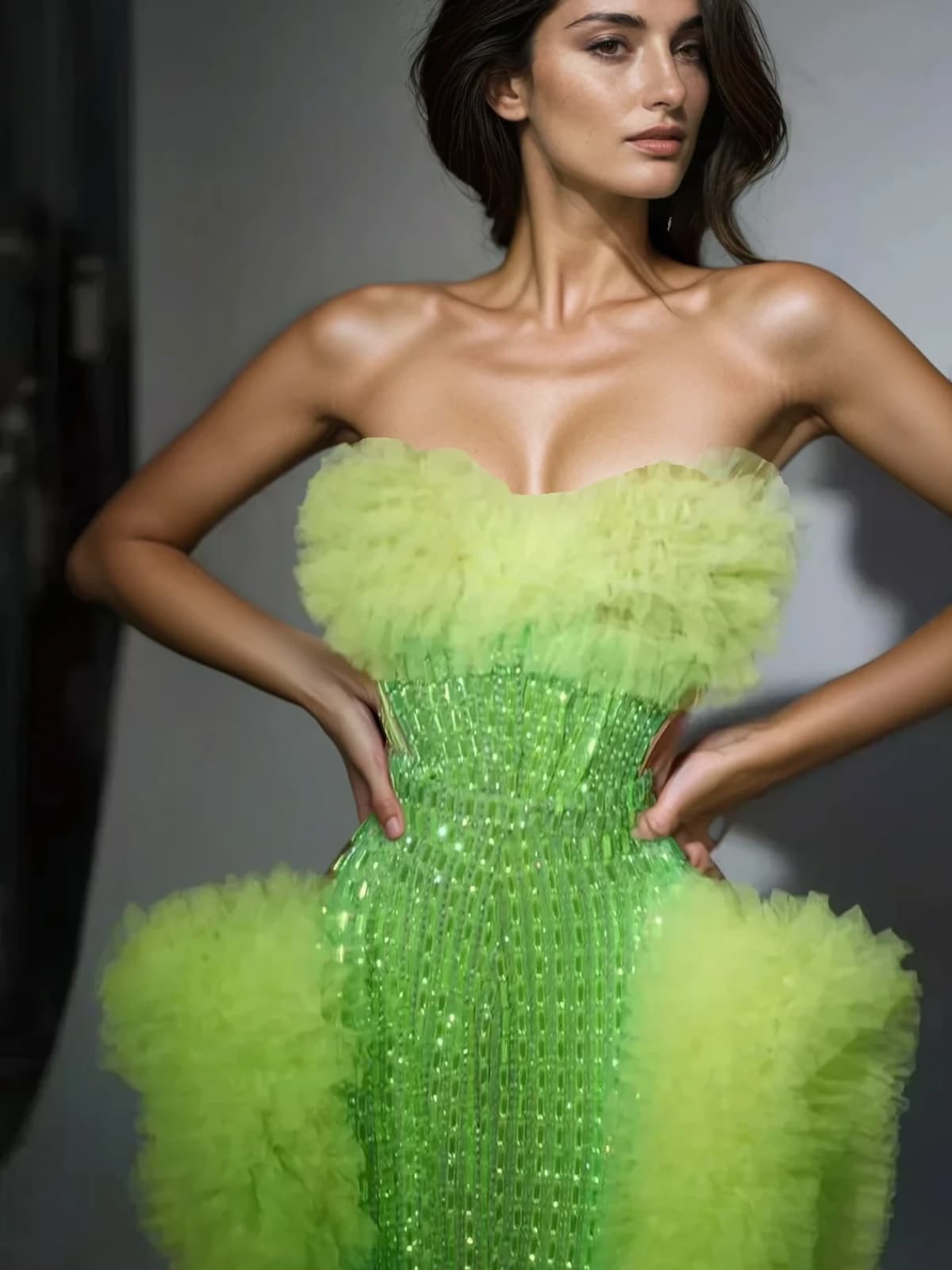 Xaelthar Strapless Rhinestone Tulle Maxi Dress In Green