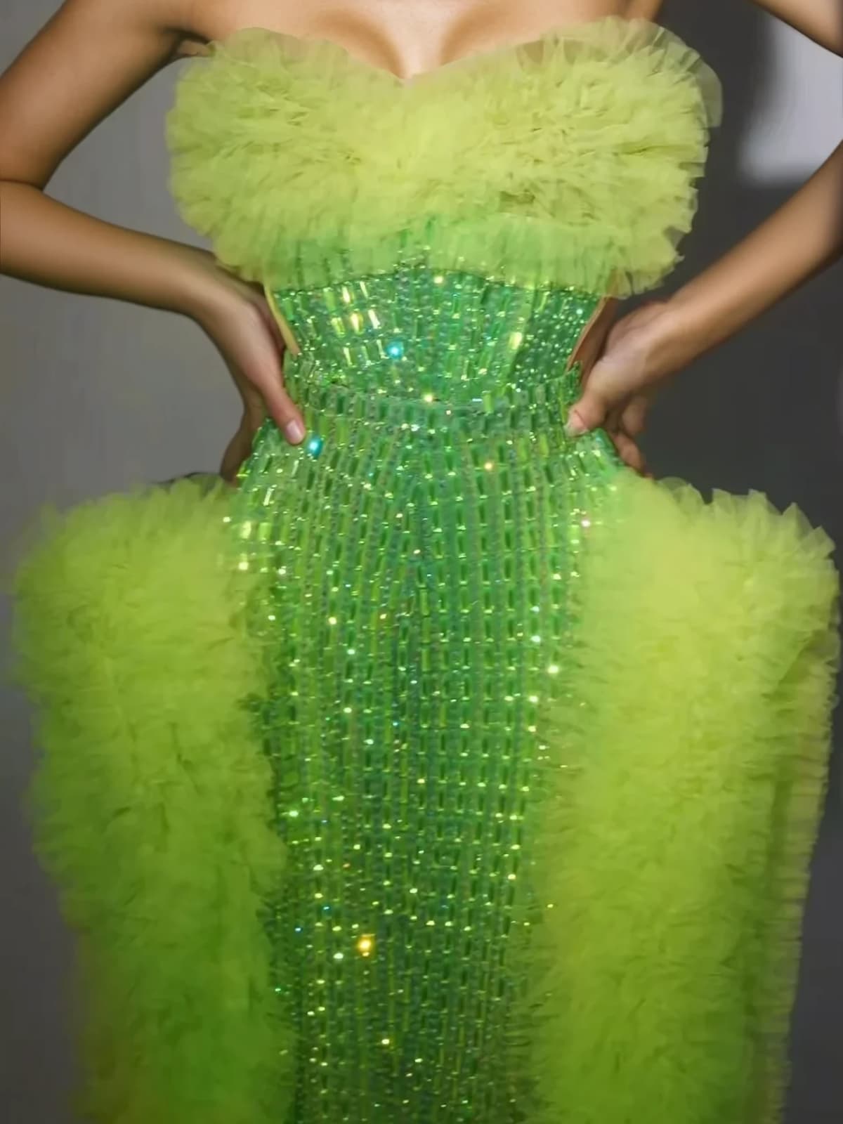 Xaelthar Strapless Rhinestone Tulle Maxi Dress In Green