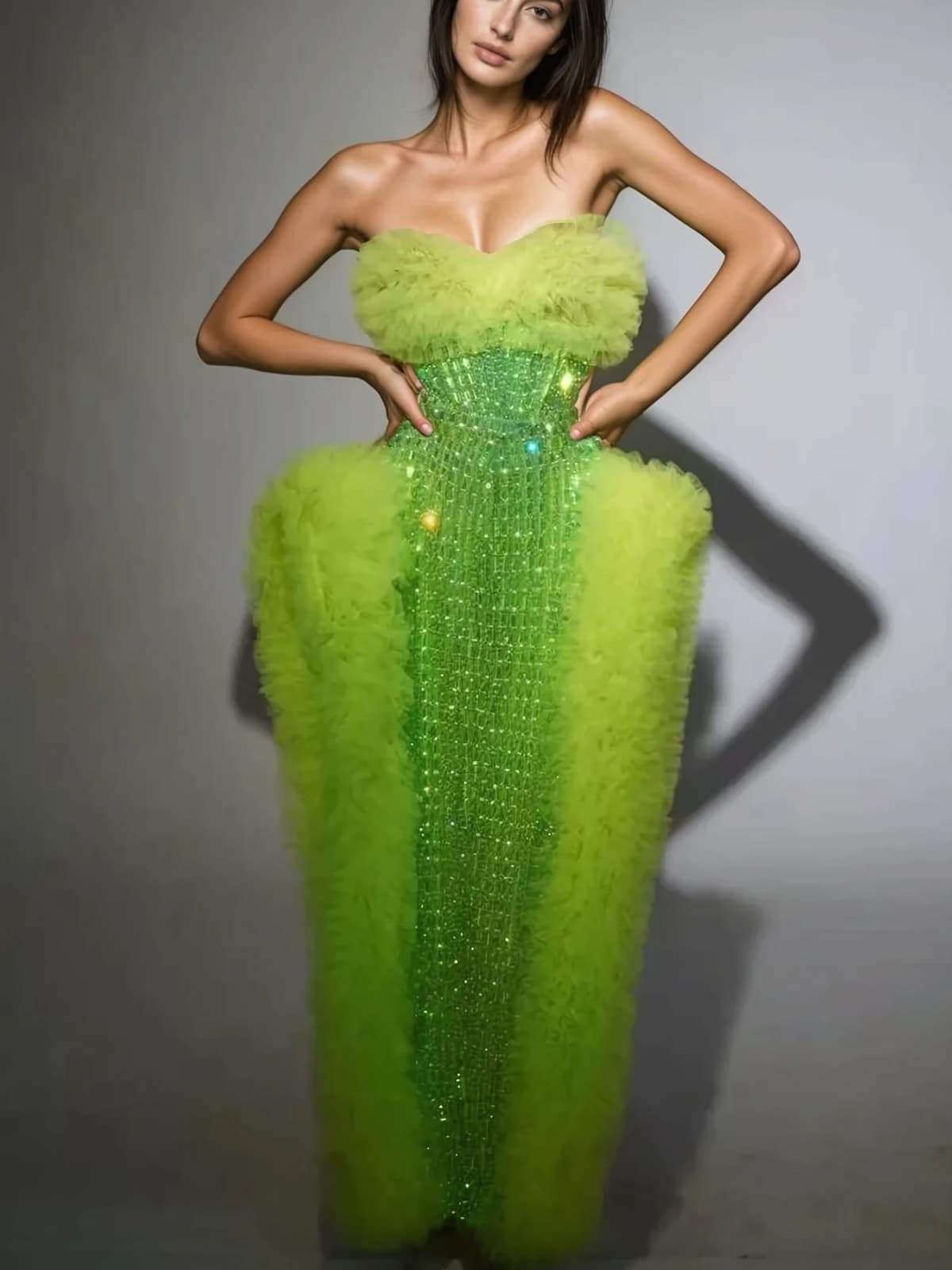 Xaelthar Strapless Rhinestone Tulle Maxi Dress In Green