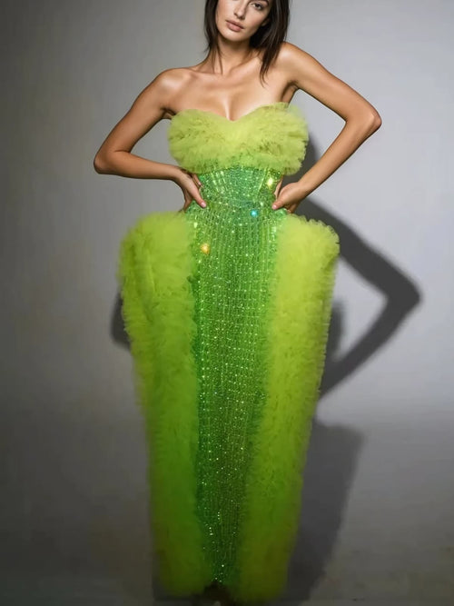 Xaelthar Strapless Rhinestone Tulle Maxi Dress In Green