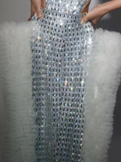 Xaelthar Strapless Rhinestone Tulle Maxi Dress In White