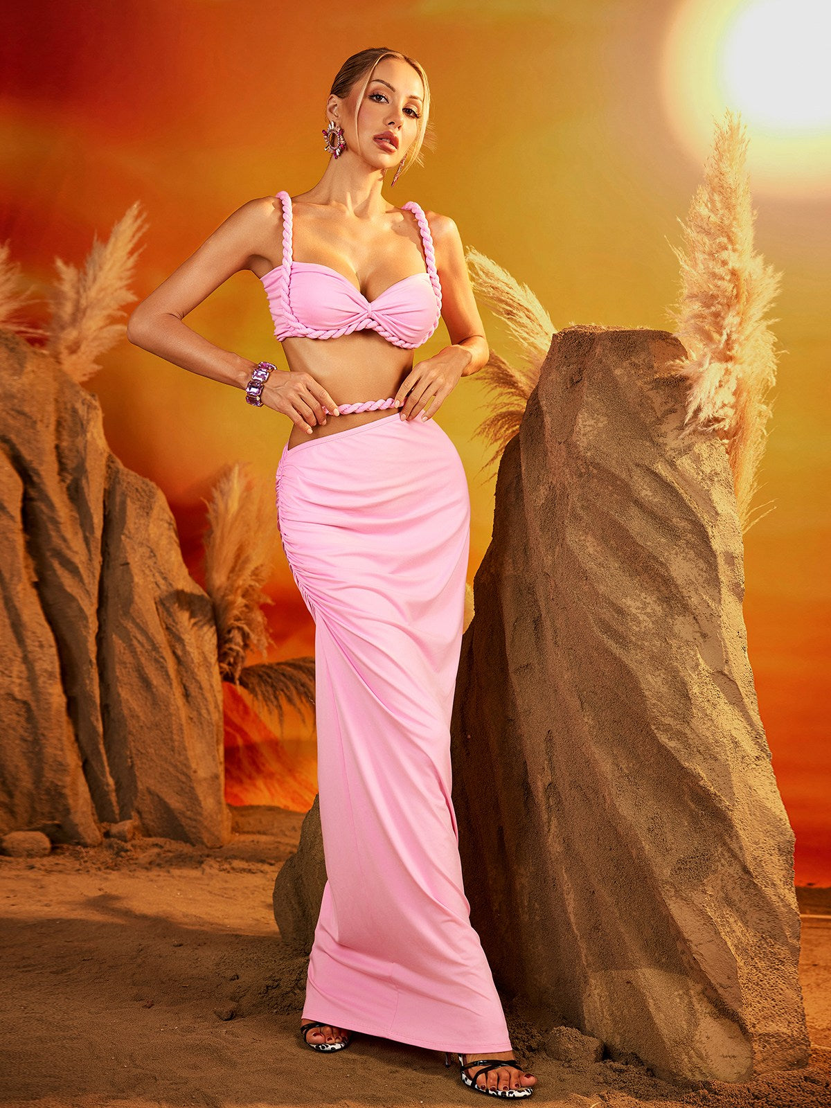 Xinia Spaghetti Ruched Skirt Set In Pink