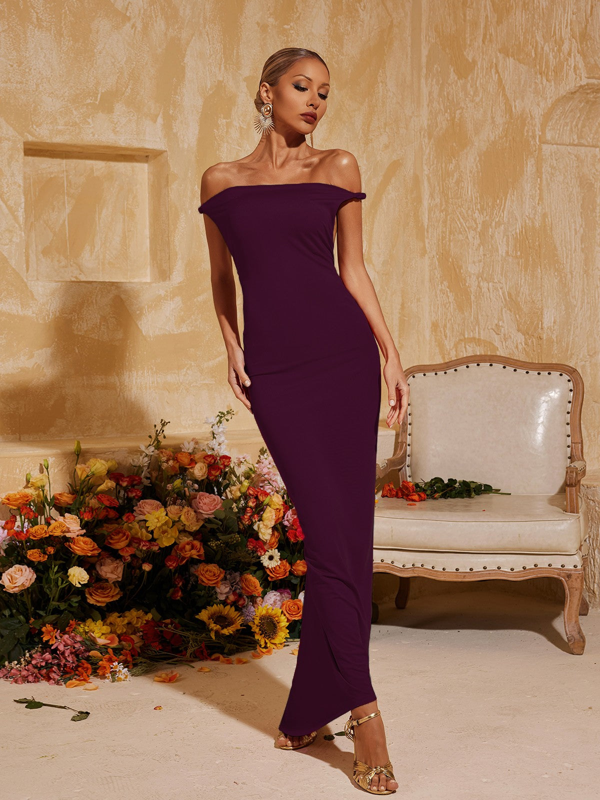Yasir Backless Ruched  Maxi Dress In Purple