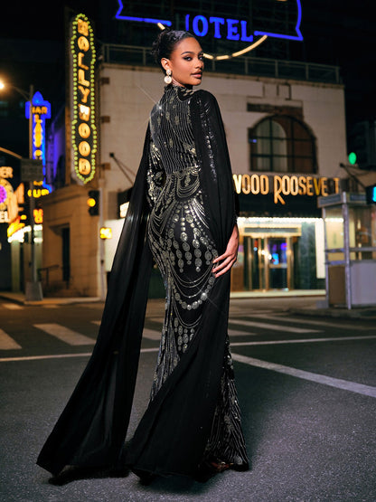 Yuriy Long Sleeve Sequin Draped Maxi Dress