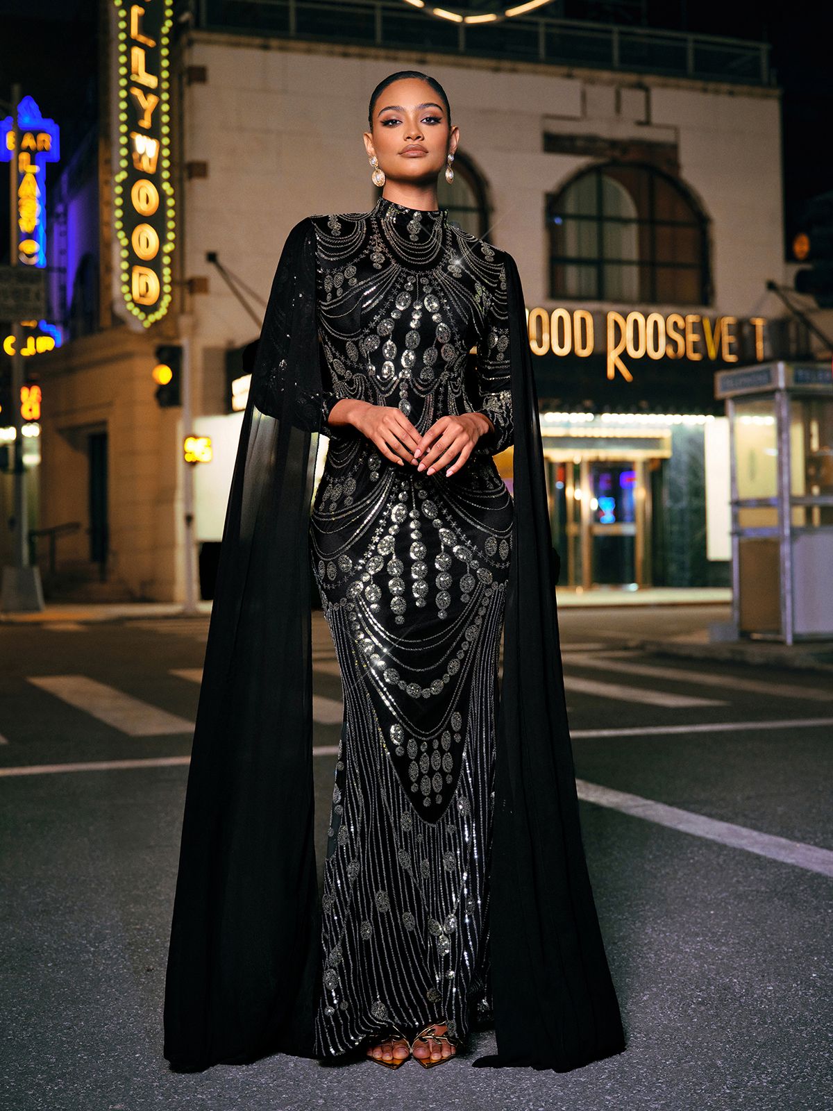 Yuriy Long Sleeve Sequin Draped Maxi Dress