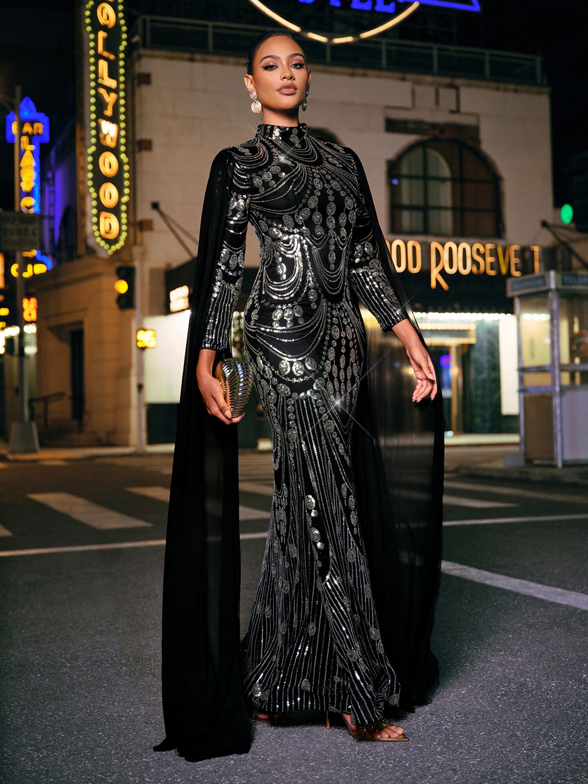 Yuriy Long Sleeve Sequin Draped Maxi Dress