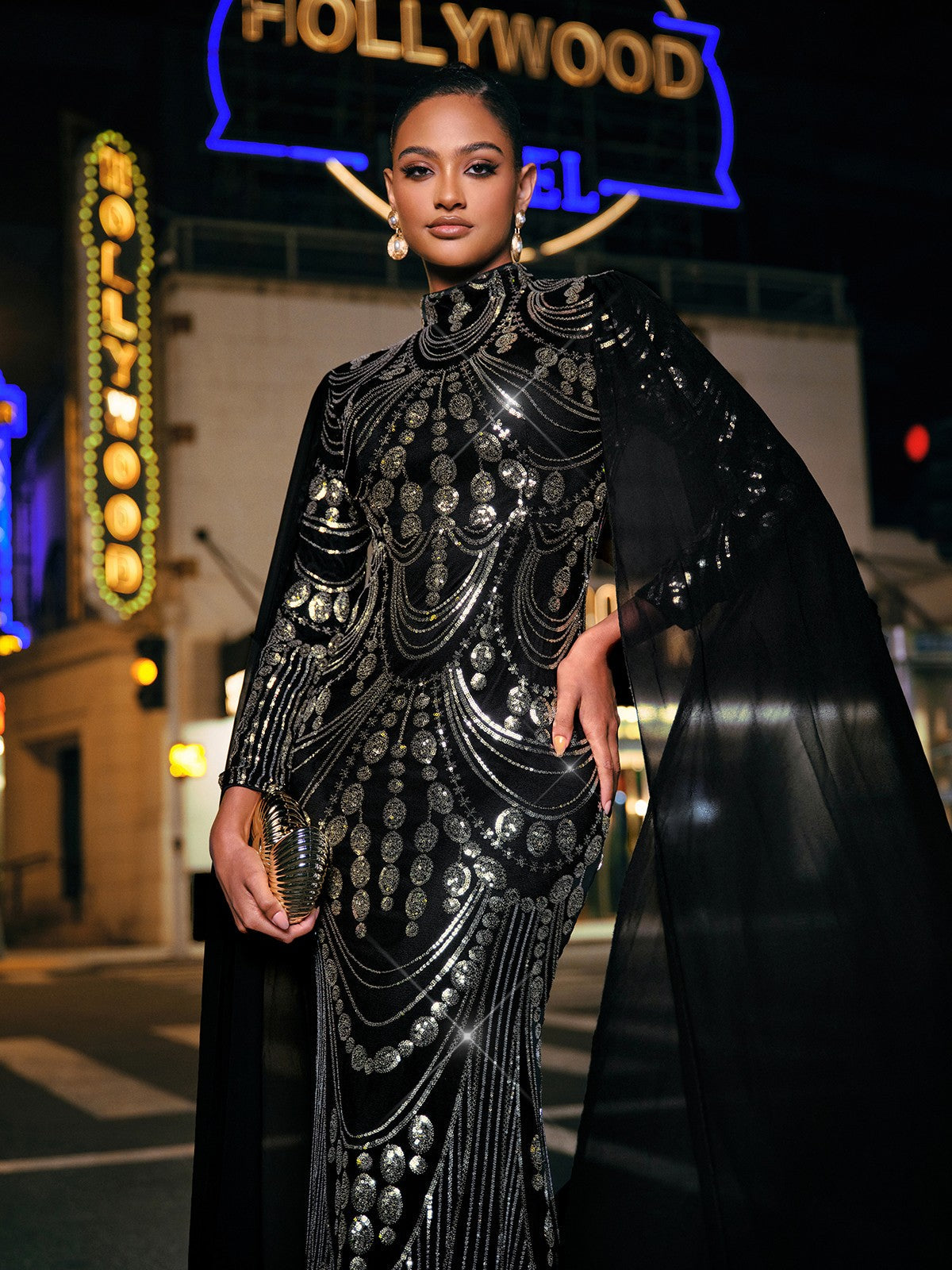 Yuriy Long Sleeve Sequin Draped Maxi Dress