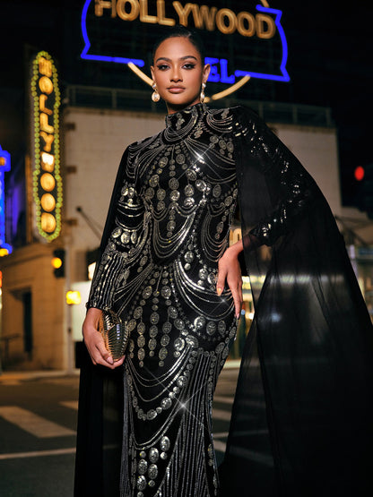 Yuriy Long Sleeve Sequin Draped Maxi Dress