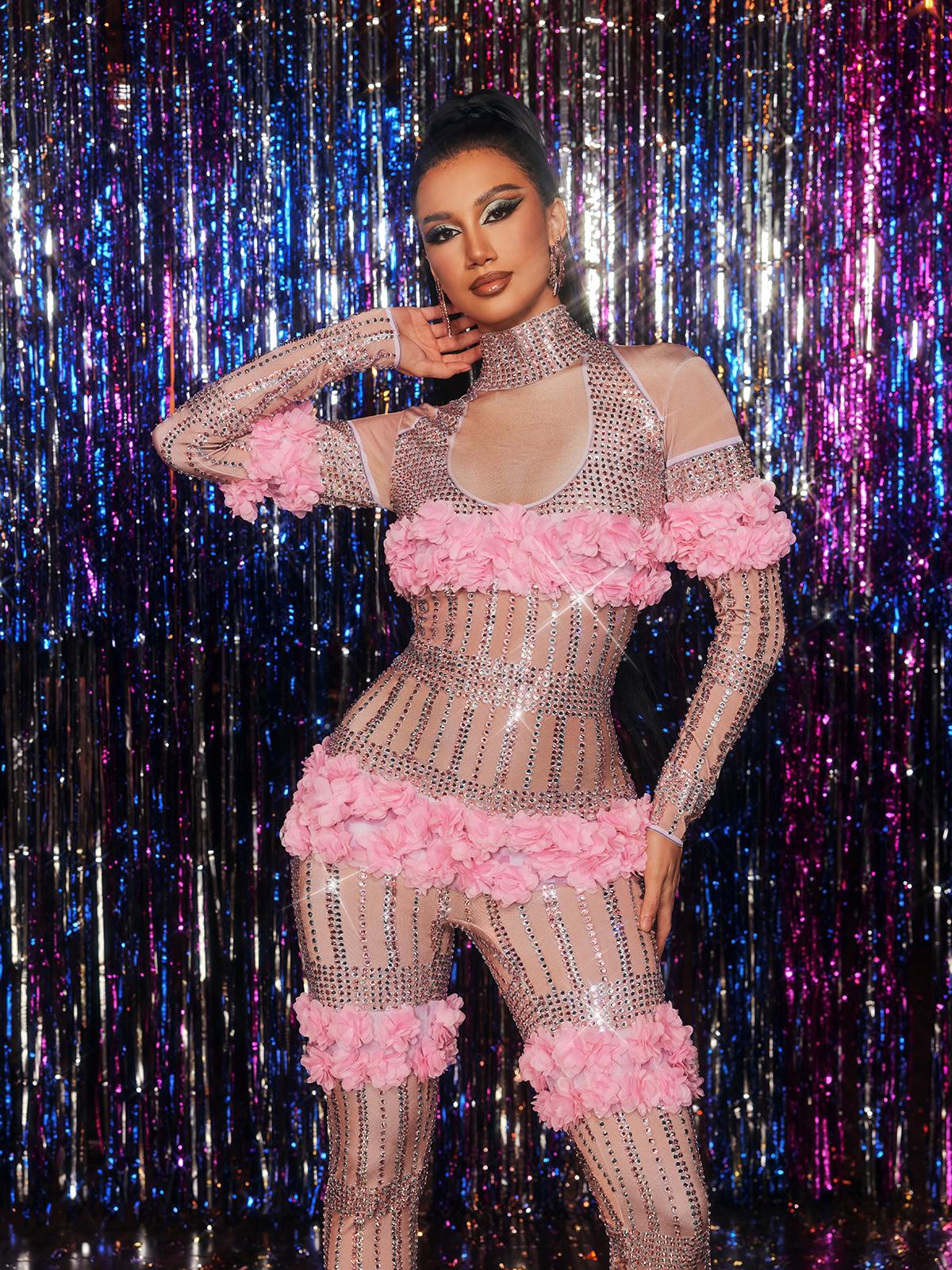 Yxalith High Neck Rhinestone Flower Jumpsuit