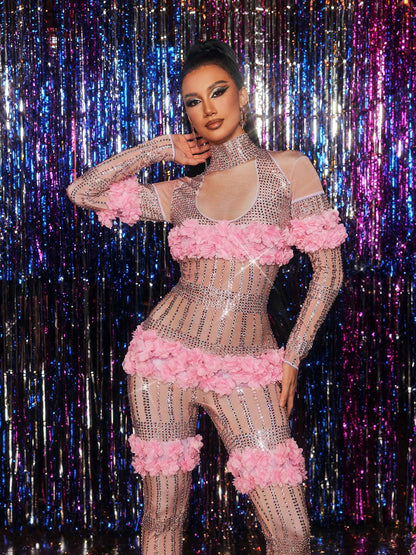 Yxalith High Neck Rhinestone Flower Jumpsuit