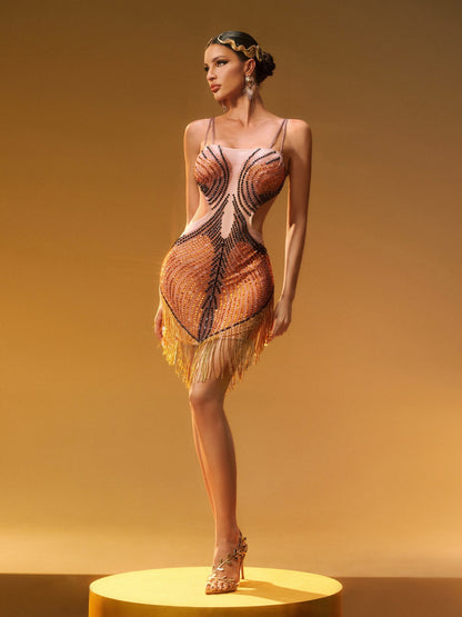 Zenitha Rhinestone Fringe Mini Dress