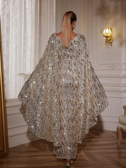 Zephyrus Draped Sleeve Sequin Maxi Dress