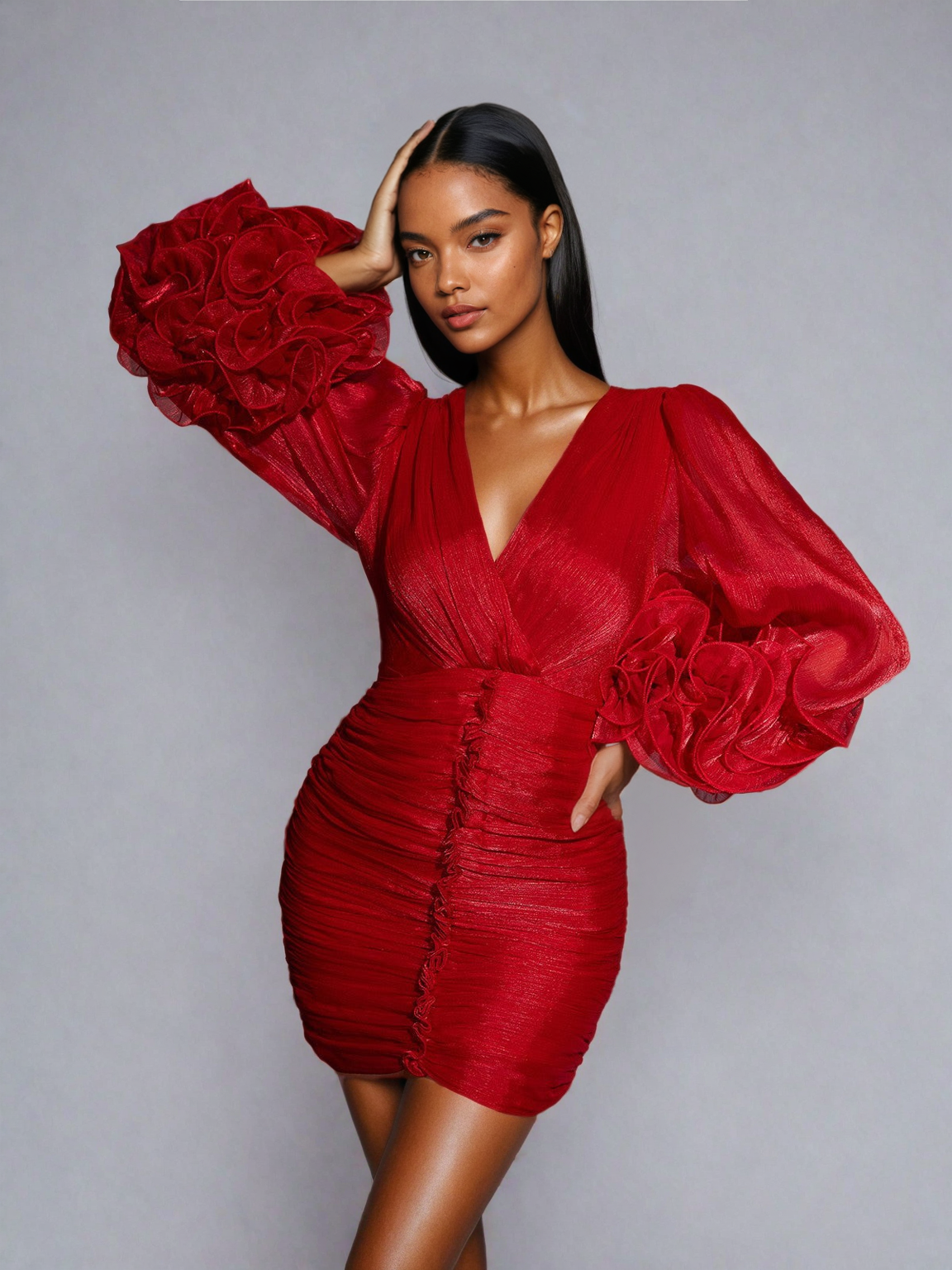 Anneline V Neck Ruched Mini Dress In Red