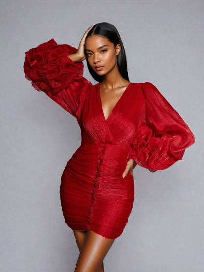Anneline V Neck Ruched Mini Dress In Red